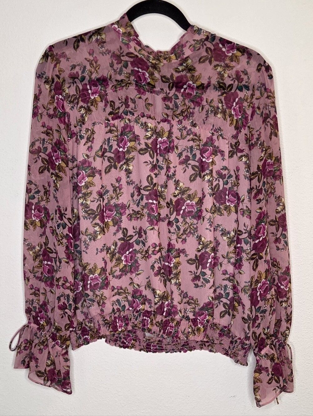 Express Pink Floral Mock Neck Sheer Long-Sleeve Blouse